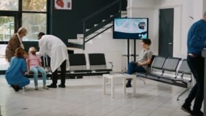 Doctor examining a young child with family members in a hospital waiting area