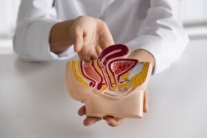 Doctor holding and explaining a detailed anatomical model of the female reproductive system.