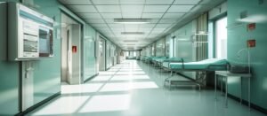 Modern hospital corridor with patient beds and medical equipment