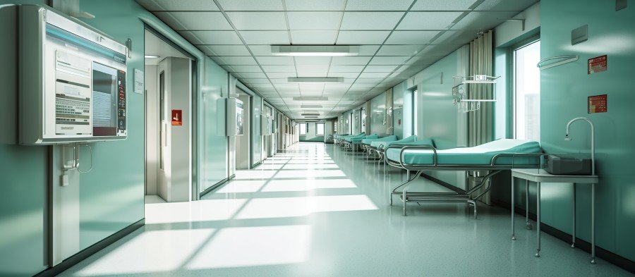 Modern hospital corridor with patient beds and medical equipment