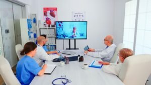 Doctors and nurses in a Multispeciality Hospital discussing patient care during a video consultation with a medical expert.